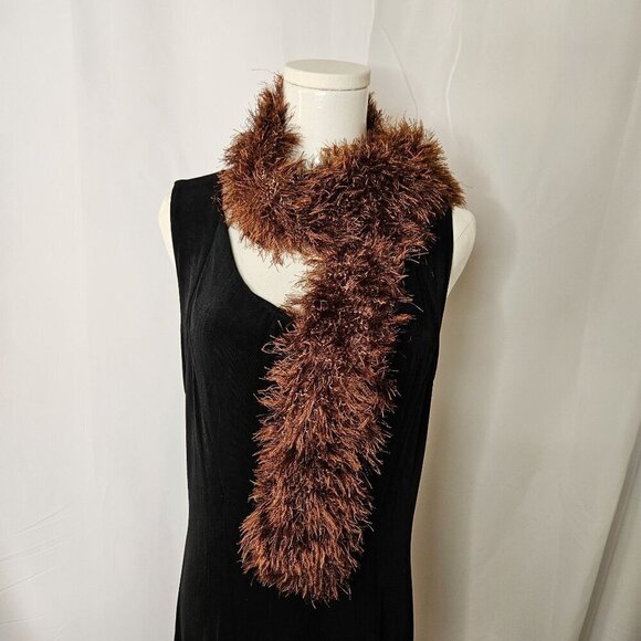 Brown Plush Glitter Eyelash Hand-Knit Scarf Boa Narrow Lightweight - Picture 4 of 9